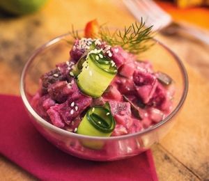 Christmas dish- beetroot-potato salad at Vegan Inspiratsioon in Tallinn