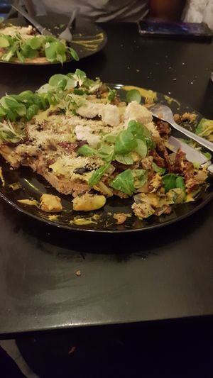 "Pizza".  The worst dish we've had our whole lives at Vegan Inspiratsioon in Tallinn