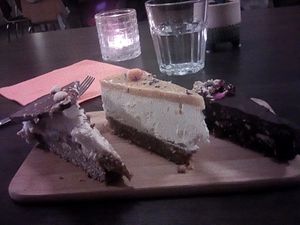 Cake selection L-R Peanut butter and chocolate, marzipan and Estonian 'spotted dog' at Vegan Inspiratsioon in Tallinn