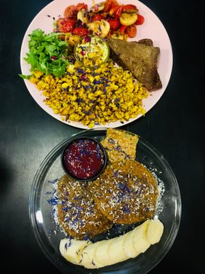 tofu scramble and peanut butter pancakes!  at Vegan Inspiratsioon in Tallinn