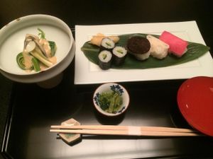 Fiddlehead ferns with sesame dressing, fresh wasabi, cucumber roll, and shitake, lotus root, and pickled beet nigiri at Gora Kadan in Hakone