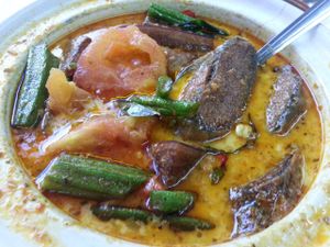 Claypot Nonya Mock Fish. 
A hot and spicy dish. Dish stays hot due to its earthen pot. Goes well with rice.  at Kiat Lim Vegetarian Food 吉林素食 in Northeast Singapore
