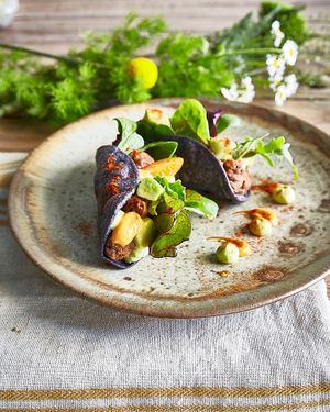 Tacos di mais blu con misticanza di erbe spontanee, fagioli all’uccelletto, pomodorini, salsa guacamole, maionese al pimenton e sale affumicato at Romeow Cat Bistrot in Rome