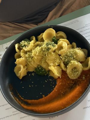 Orecchiette con datterino giallo peperoni e broccolo at Romeow Cat Bistrot in Rome