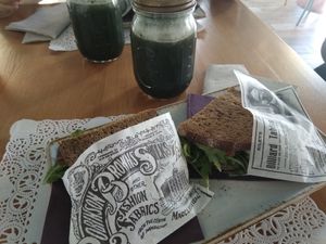 Sandwich and juice at Romeow Cat Bistrot in Rome