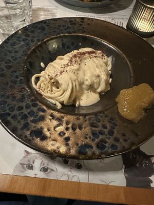 Macadamia nut cream spaghetti   at Romeow Cat Bistrot in Rome