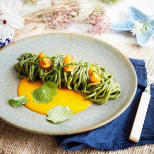 Fitoplancton spaghetti, salicornia and yellow pachino tomato at Romeow Cat Bistrot in Rome