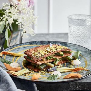 Tempeh zucchini, pistacchio  at Romeow Cat Bistrot in Rome