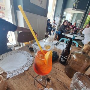 Spritz with a pasta straw. Nice touch! at Romeow Cat Bistrot in Rome