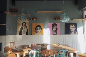 Some of the sating area and decor at Romeow Cat Bistrot in Rome