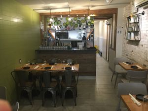 Front of venue--now this venue is roomy (by NYC standards); note seating for 6. at Beyond Sushi in New York City