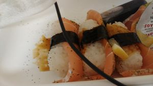 Vegan salmon nigiri at Beyond Sushi in New York City