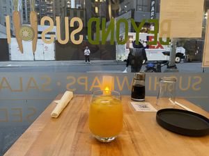 Mango, coconut water and ginger juice  at Beyond Sushi in New York City