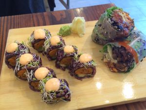 omg sweet potato rolls! at Beyond Sushi in New York City