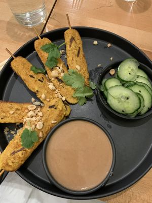 Grilled chik’n satay with pickled cucumbers  at Beyond Sushi in New York City