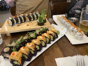 Spicy Mang in the front, mushroom in the middle, spicy “tuna” on the right, spicy jackfruit “crab” in the back  at Beyond Sushi in New York City