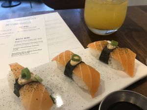 Zalmon sushi pieces  at Beyond Sushi in New York City