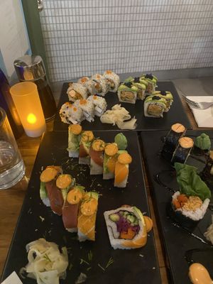 Rainbow roll bottom. Philadelphia roll and avocado roll   at Beyond Sushi in New York City