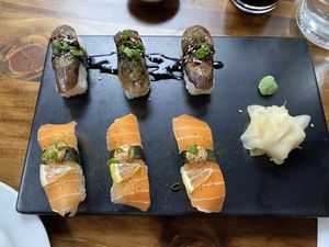 Eggplant unagi and zalmon sushi  at Beyond Sushi in New York City