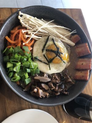 Shoyu ramen - “pork belly “ sunny side “egg” , braised shiitake, marinated carrots, scallions, enoki, nori, chili oil   at Beyond Sushi in New York City