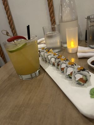 Mango chili margarita with Philadelphia roll. SO good!!!   at Beyond Sushi in New York City