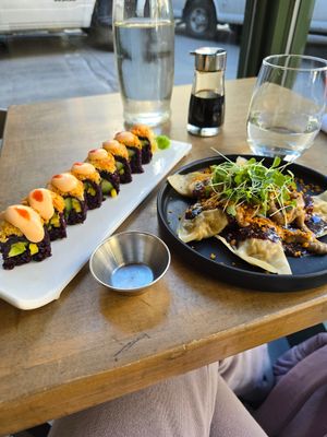 Spicy mango roll and shiitake dumplings at Beyond Sushi in New York City