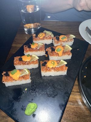 Oshizushi Spicy Salmon, definitely the favorite of the night    at Beyond Sushi in New York City