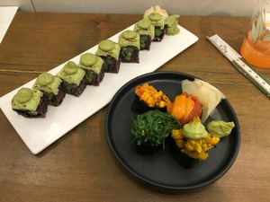The green machine and tasters at Beyond Sushi in New York City