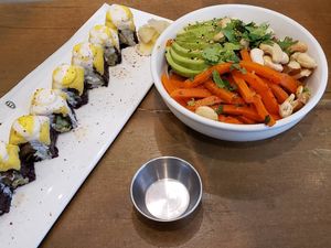 Chic pea rolls and carrot noodle salad   at Beyond Sushi in New York City