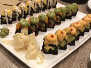 Chic Pea, Sunny Side, and Spicy Mang. Wonderful. Don't bother using soy and wasabi. Enjoy the flavors :) at Beyond Sushi in New York City