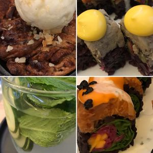 Seasonal sushi, favacado, cucumber lemonade, cinnamon roll. at Beyond Sushi in New York City