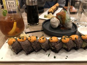 Spicy mango roll and rice wrap with mushrooms  at Beyond Sushi in New York City