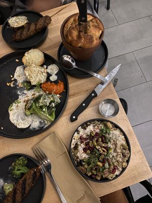 Kebab with egg plant entrants and bread  at Beyond Sushi in New York City