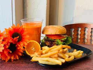 Vegan burger w/Fries and fresh juice at Govinda's Cafe in Atlanta