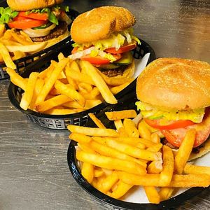 Vegan burgers w/Fries at Govinda's Cafe in Atlanta