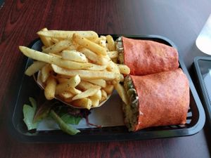 Burger's Dream burrito and a side of Brazillian Fries at Govinda's Cafe in Atlanta