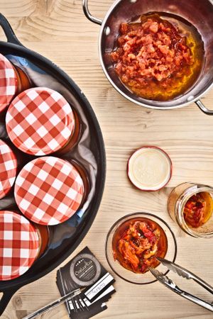 Preserved ecology food family.Roasted peppers, artichokes, thistle, borage, vegetable mixed, lima beans, vegetable and beans, chickpeas,  at Cositasricas in Ibiza