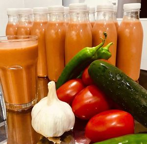 Fresh gazpacho with olive oil at Estacion Quimera in Malaga