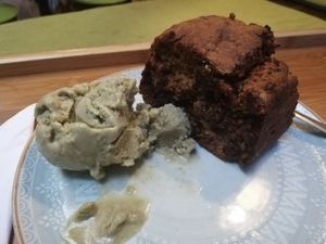 Banana bread with pistachio ice cream at Ikaro Cafe in Santa Marta