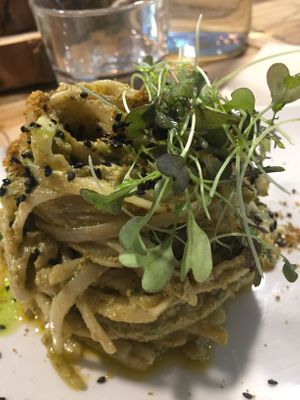 Main course: tagliatelle with vegan pesto, simply perfect!  at Kafe Botanika in San Sebastian