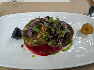 Vegan burger (Bulgur, lentils,....) with beetroot sauce at Kafe Botanika in San Sebastian