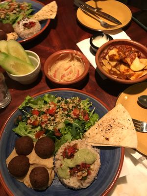 Falafel bowl, patatas bravas, hummus at Babaghanoush in Pristina