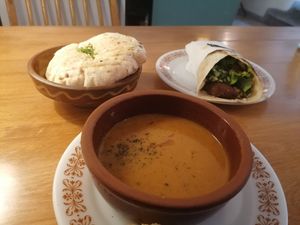 Lentil soup, just baked bread and a fallafel wrap at Babaghanoush in Pristina