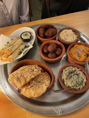 Custom vegan mezza plate for sharing with friends  at Babaghanoush in Pristina