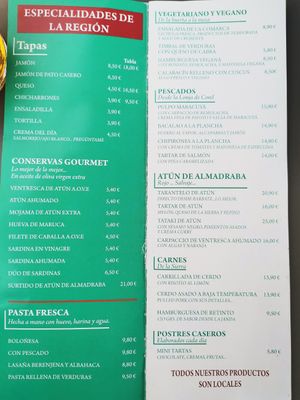 Menu at La Isleta de La Vina in Cadiz