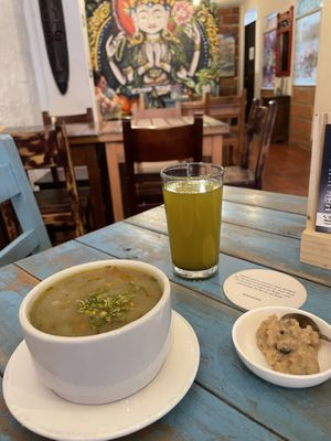 Sopa del día, agua y postre.   at Prana in Envigado