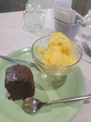 dessert: chocolate brownie with tropical icecream, so yummy! at Chana Plant Based in Medellin