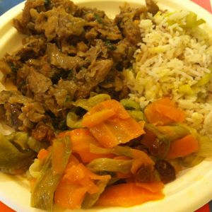 carrots and leek, basmati rice and seitan at La Gastronomia Veg in Turin