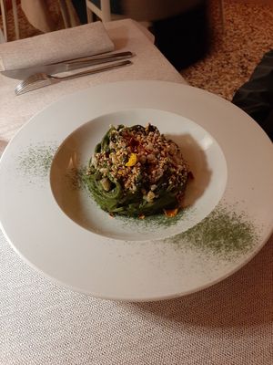 Linguine al pesto di cavolo nero e castagne at Al Tiglio Cucina Naturale in Moruzzo