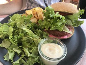 Beyond meat burger with homemade mayo and delicious potatoes! at Al Tiglio Cucina Naturale in Moruzzo